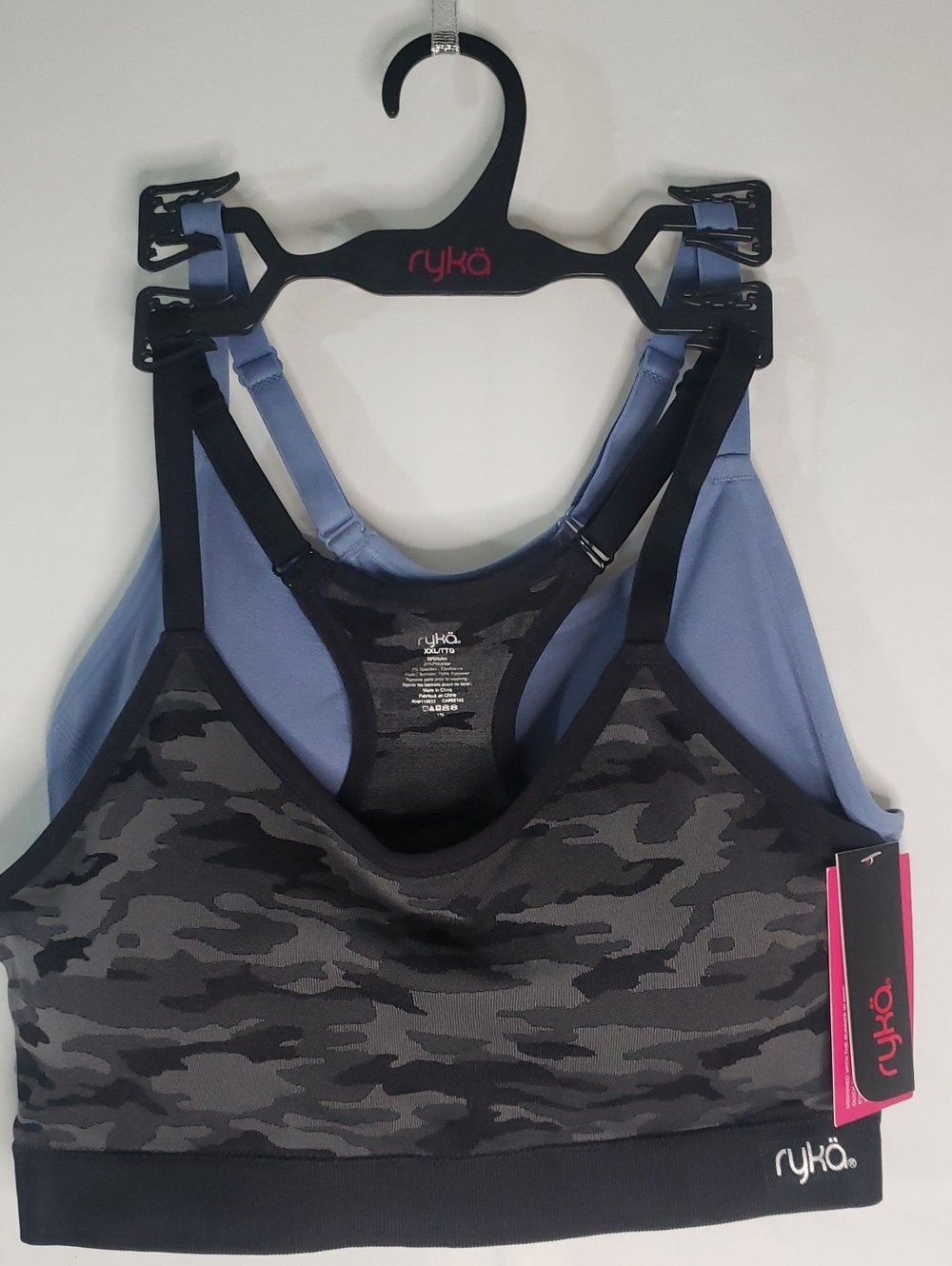 Ryka Set 2 Racerback Quick Dry Athletic Bras, Black Camo & Medium Blue, XXL